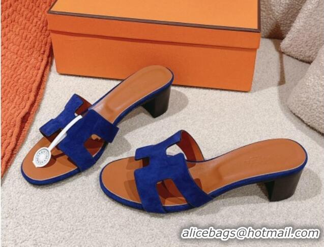 Hot Style Hermes Oasis Heel Slides Sandal 5cm in Suede Royal Blue 724020