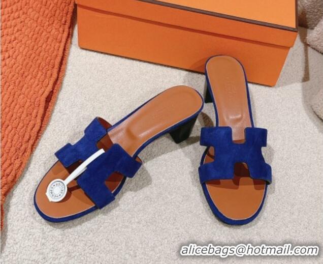 Hot Style Hermes Oasis Heel Slides Sandal 5cm in Suede Royal Blue 724020