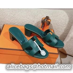 Good Product Hermes Oasis Heel Slides Sandal 5cm in Calfskin Dark Green 724024