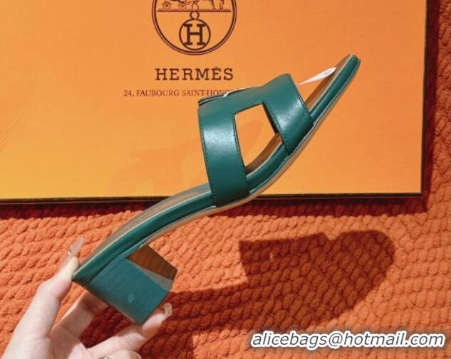 Good Product Hermes Oasis Heel Slides Sandal 5cm in Calfskin Dark Green 724024