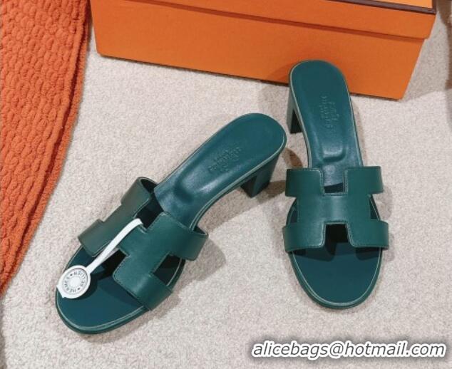 Good Product Hermes Oasis Heel Slides Sandal 5cm in Calfskin Dark Green 724024