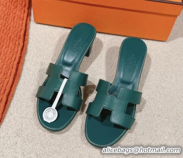 Good Product Hermes Oasis Heel Slides Sandal 5cm in Calfskin Dark Green 724024