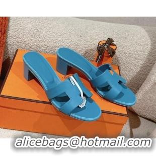 Luxurious Hermes Oasis Heel Slides Sandal 5cm in Calfskin Leather Blue 724027