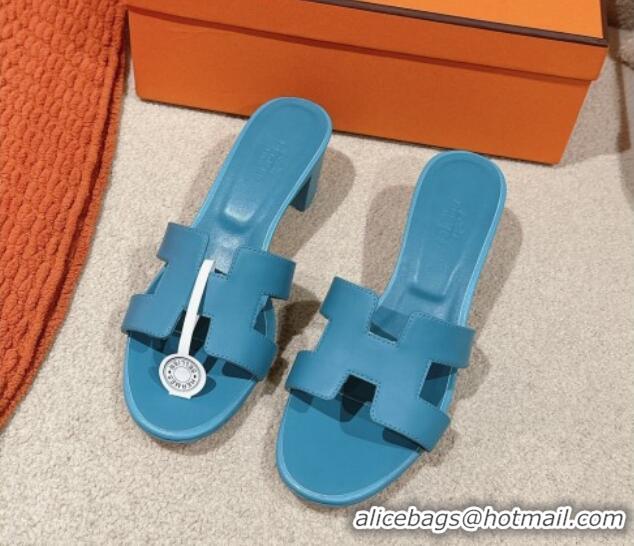 Luxurious Hermes Oasis Heel Slides Sandal 5cm in Calfskin Leather Blue 724027