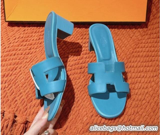 Luxurious Hermes Oasis Heel Slides Sandal 5cm in Calfskin Leather Blue 724027