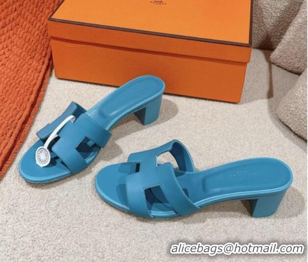 Luxurious Hermes Oasis Heel Slides Sandal 5cm in Calfskin Leather Blue 724027