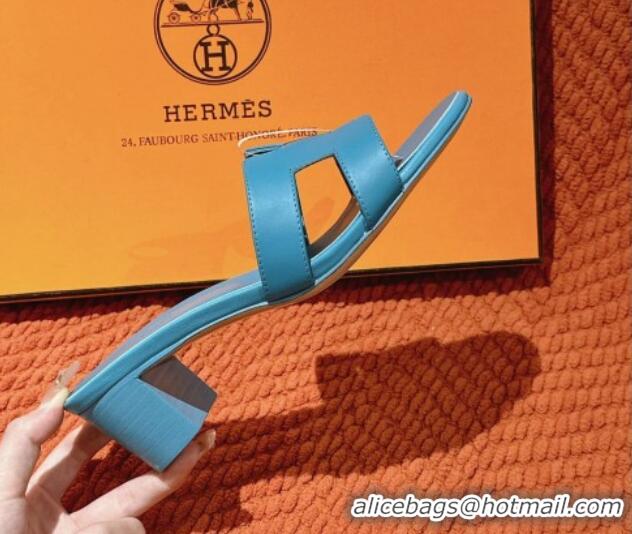 Luxurious Hermes Oasis Heel Slides Sandal 5cm in Calfskin Leather Blue 724027