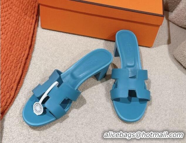 Luxurious Hermes Oasis Heel Slides Sandal 5cm in Calfskin Leather Blue 724027