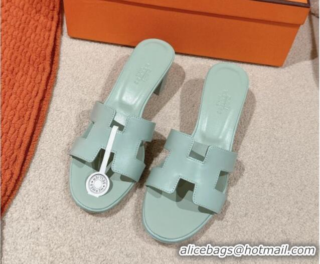 Good Quality Hermes Oasis Heel Slides Sandal 5cm in Calfskin Light Green 724026