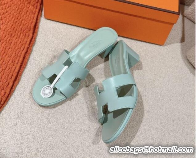 Good Quality Hermes Oasis Heel Slides Sandal 5cm in Calfskin Light Green 724026