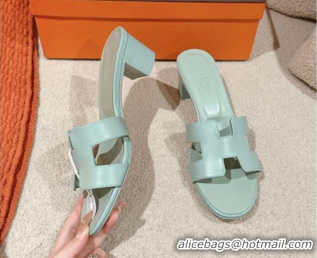 Good Quality Hermes Oasis Heel Slides Sandal 5cm in Calfskin Light Green 724026