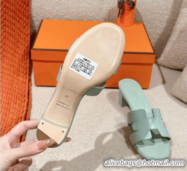 Good Quality Hermes Oasis Heel Slides Sandal 5cm in Calfskin Light Green 724026