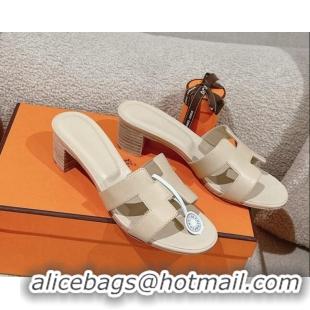 Stylish Hermes Oasis Heel Slides Sandal 5cm in Calfskin Beige 724025