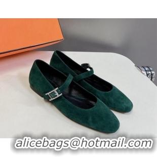 Top Design Hermes Mary Jane Ballet Flat in Suede with Hapi Buckle Dark Green 724028