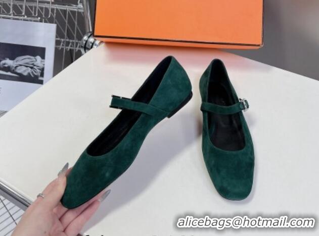 Top Design Hermes Mary Jane Ballet Flat in Suede with Hapi Buckle Dark Green 724028