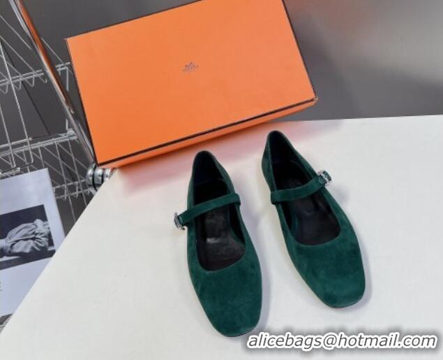 Top Design Hermes Mary Jane Ballet Flat in Suede with Hapi Buckle Dark Green 724028