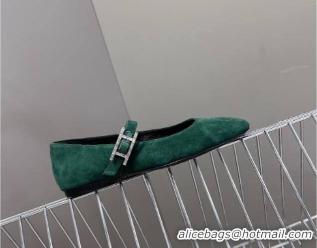 Top Design Hermes Mary Jane Ballet Flat in Suede with Hapi Buckle Dark Green 724028