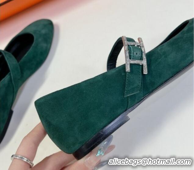 Top Design Hermes Mary Jane Ballet Flat in Suede with Hapi Buckle Dark Green 724028