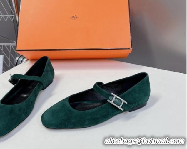 Top Design Hermes Mary Jane Ballet Flat in Suede with Hapi Buckle Dark Green 724028