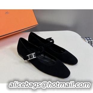  Low Cost Hermes Mary Jane Ballet Flat in Suede with Hapi Buckle Black 724029