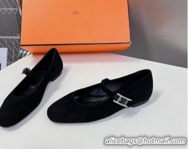  Low Cost Hermes Mary Jane Ballet Flat in Suede with Hapi Buckle Black 724029