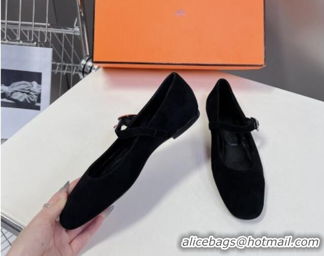  Low Cost Hermes Mary Jane Ballet Flat in Suede with Hapi Buckle Black 724029