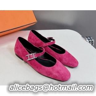 Low Price Hermes Mary Jane Ballet Flat in Suede with Hapi Buckle Dark Pink 724030