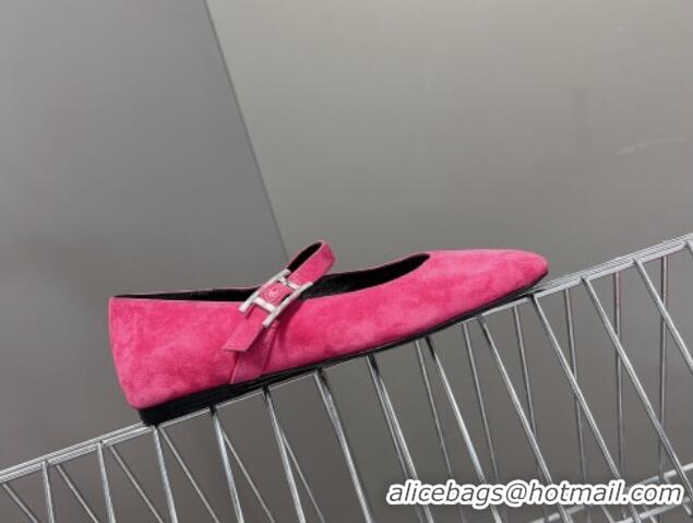 Low Price Hermes Mary Jane Ballet Flat in Suede with Hapi Buckle Dark Pink 724030