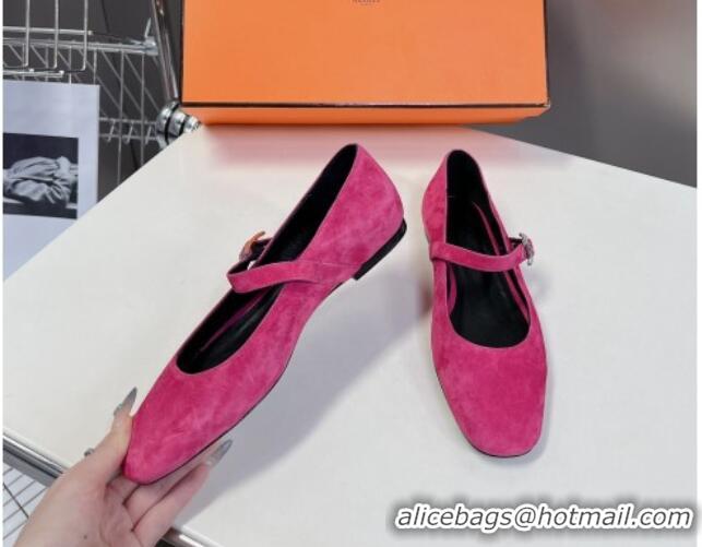 Low Price Hermes Mary Jane Ballet Flat in Suede with Hapi Buckle Dark Pink 724030