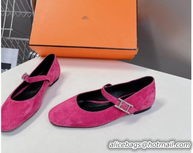 Low Price Hermes Mary Jane Ballet Flat in Suede with Hapi Buckle Dark Pink 724030