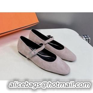 Grade Hermes Mary Jane Ballet Flat in Suede with Hapi Buckle Powder Pink 724031