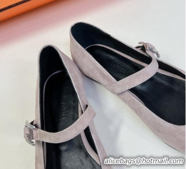 Grade Hermes Mary Jane Ballet Flat in Suede with Hapi Buckle Powder Pink 724031