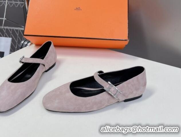 Grade Hermes Mary Jane Ballet Flat in Suede with Hapi Buckle Powder Pink 724031