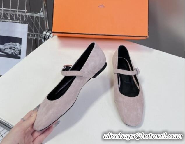 Grade Hermes Mary Jane Ballet Flat in Suede with Hapi Buckle Powder Pink 724031