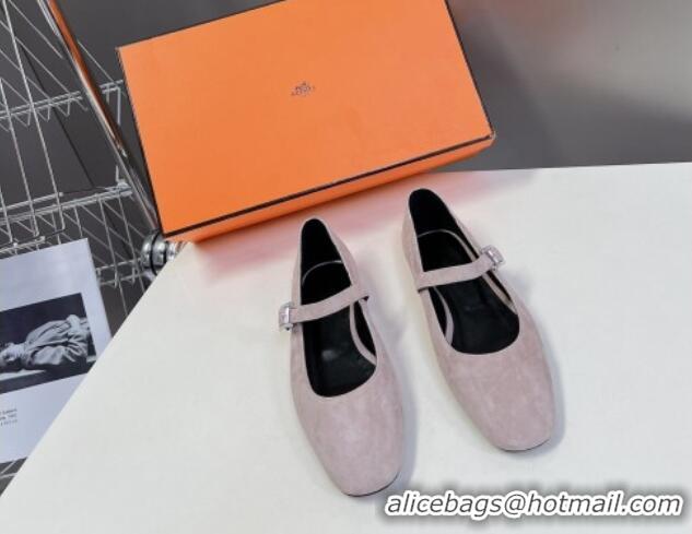 Grade Hermes Mary Jane Ballet Flat in Suede with Hapi Buckle Powder Pink 724031