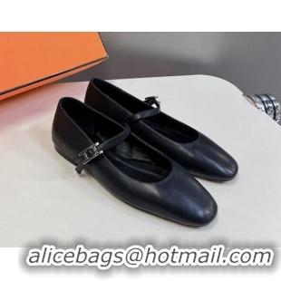 Best Product Hermes Mary Jane Ballet Flat in Calfskin with Hapi Buckle Black 724032