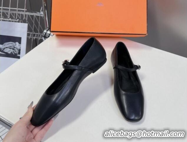 Best Product Hermes Mary Jane Ballet Flat in Calfskin with Hapi Buckle Black 724032