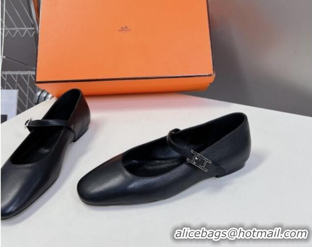 Best Product Hermes Mary Jane Ballet Flat in Calfskin with Hapi Buckle Black 724032