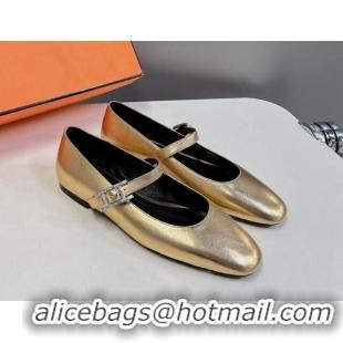 Cheap Price Hermes Mary Jane Ballet Flat in Calfskin with Hapi Buckle Gold 724033