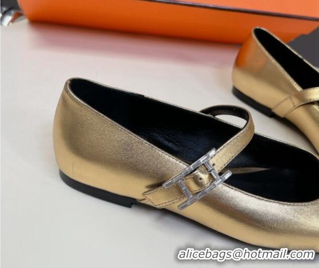 Cheap Price Hermes Mary Jane Ballet Flat in Calfskin with Hapi Buckle Gold 724033