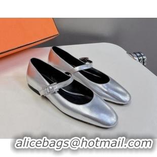 Sumptuous Hermes Mary Jane Ballet Flat in Calfskin with Hapi Buckle Silver 724034