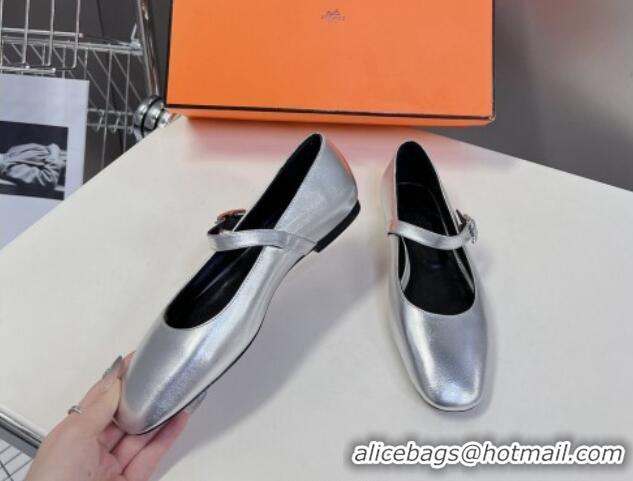 Sumptuous Hermes Mary Jane Ballet Flat in Calfskin with Hapi Buckle Silver 724034