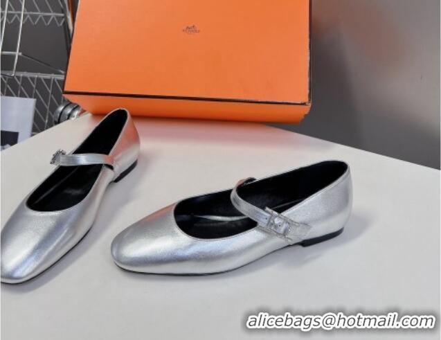 Sumptuous Hermes Mary Jane Ballet Flat in Calfskin with Hapi Buckle Silver 724034