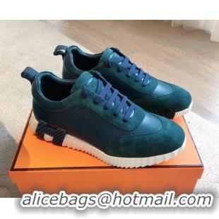 Best Grade Hermes Bouncing Sneakers in Suede and Calfskin Green/Blue 815007