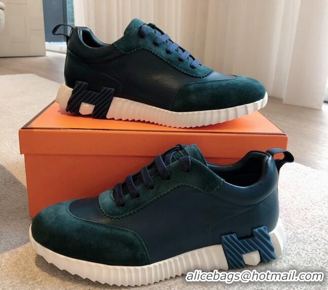 Best Grade Hermes Bouncing Sneakers in Suede and Calfskin Green/Blue 815007