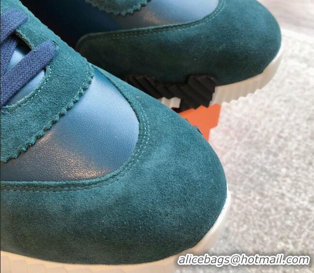 Best Grade Hermes Bouncing Sneakers in Suede and Calfskin Green/Blue 815007