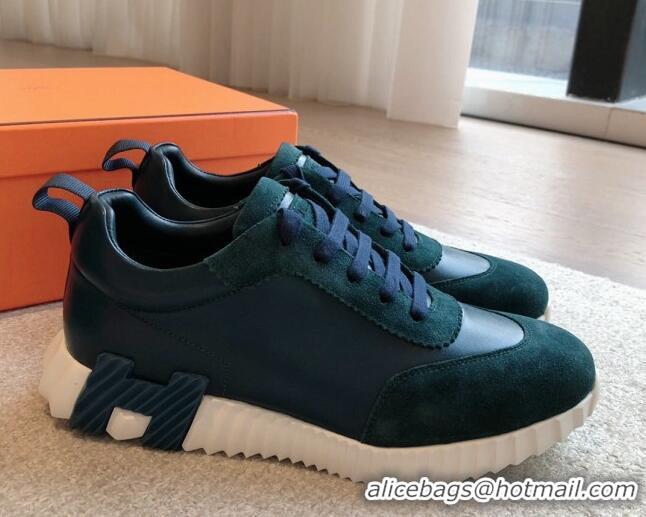 Best Grade Hermes Bouncing Sneakers in Suede and Calfskin Green/Blue 815007