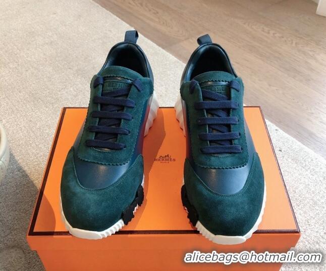 Best Grade Hermes Bouncing Sneakers in Suede and Calfskin Green/Blue 815007