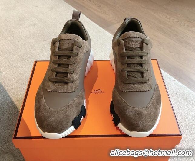 Sumptuous Hermes Bouncing Sneakers in Suede and Calfskin Khaki 815008