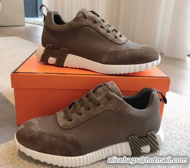 Sumptuous Hermes Bouncing Sneakers in Suede and Calfskin Khaki 815008